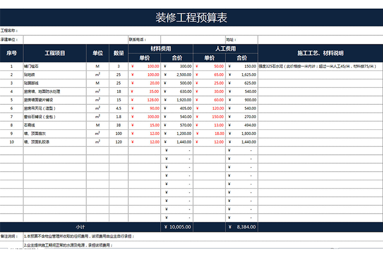 裝修工程預(yù)算表-1