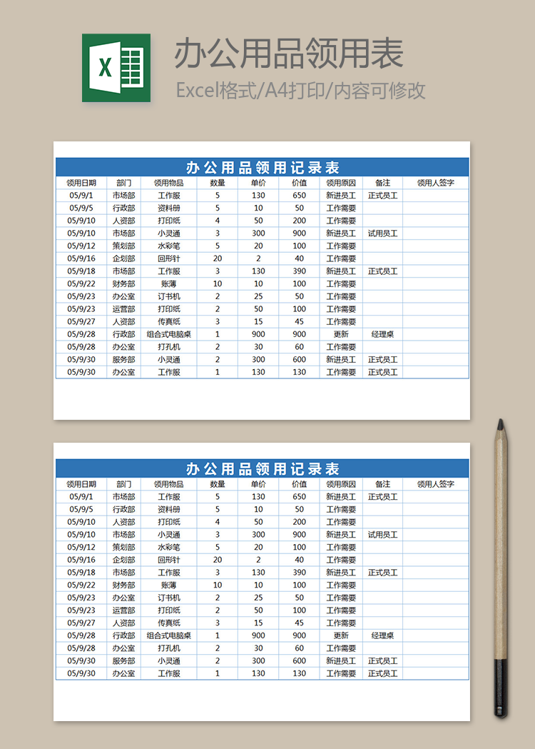 公司辦公用品領用登記表