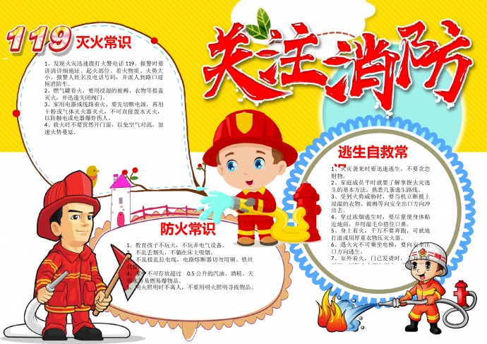 卡通可愛消防員關注消防手抄報