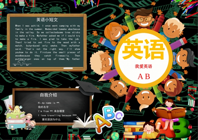 可愛卡通小朋友們聚在一起學英語手抄報