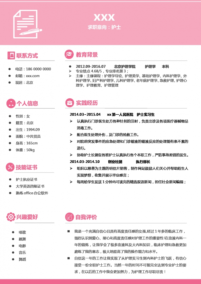 粉色小天使封面護士護理簡歷模板-1