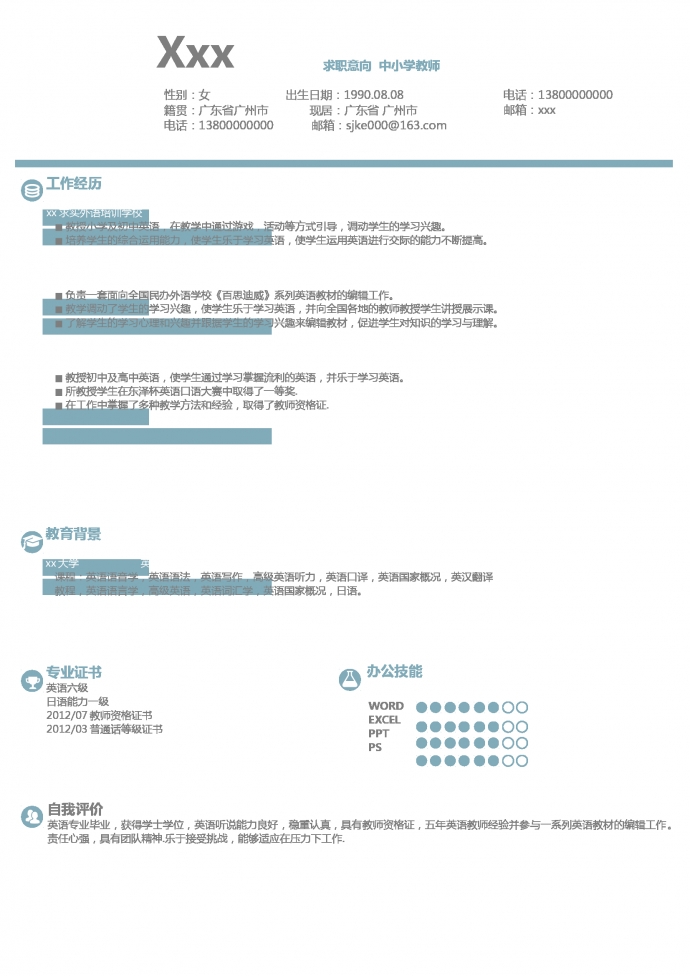 小學(xué)英語(yǔ)教師個(gè)人簡(jiǎn)歷模板