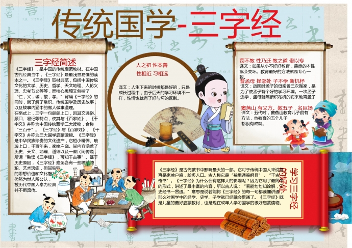 精美中國(guó)風(fēng)折扇卷軸字體三字經(jīng)小報(bào)