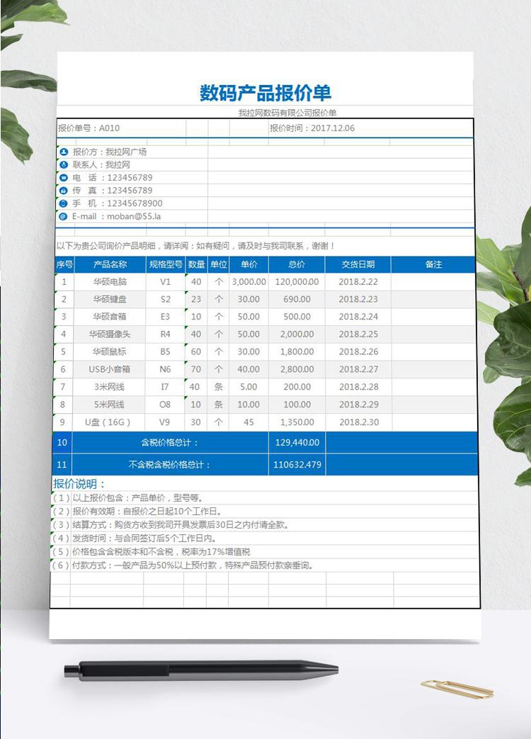 數碼產品報價單明細記錄excel圖表
