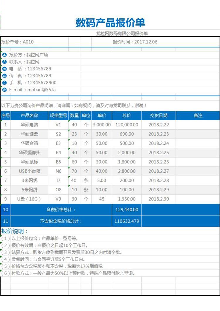 數碼產品報價單明細記錄excel圖表-1