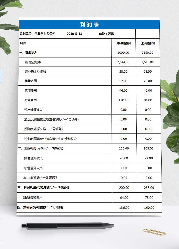 藍色企業利潤表excel模板