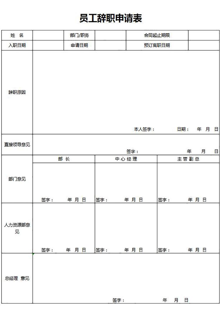 常用員工辭職申請表Excel模板-1
