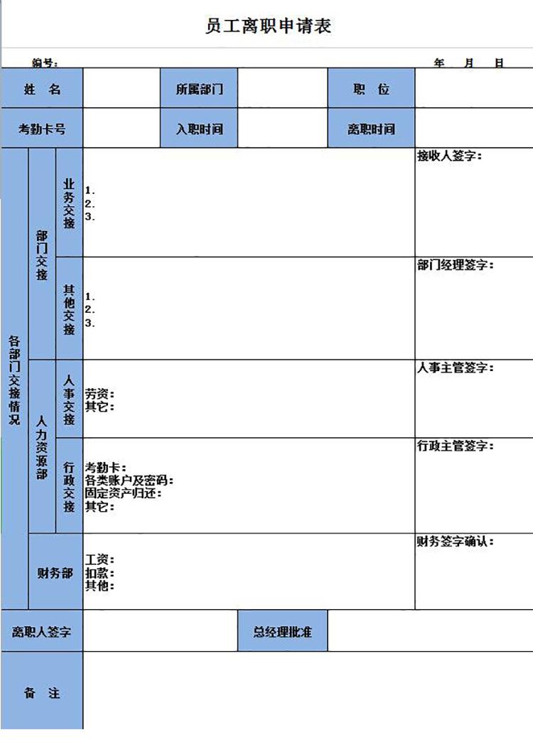 員工離職申請及交接表Excel模板-1