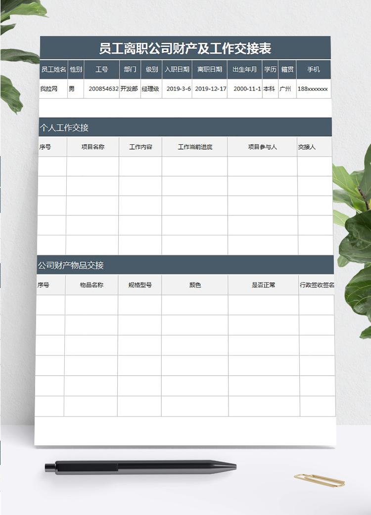 員工離職公司財(cái)產(chǎn)及工作交接表