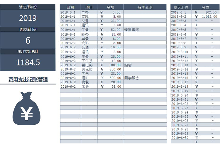 個人月度費用支出記賬管理-1