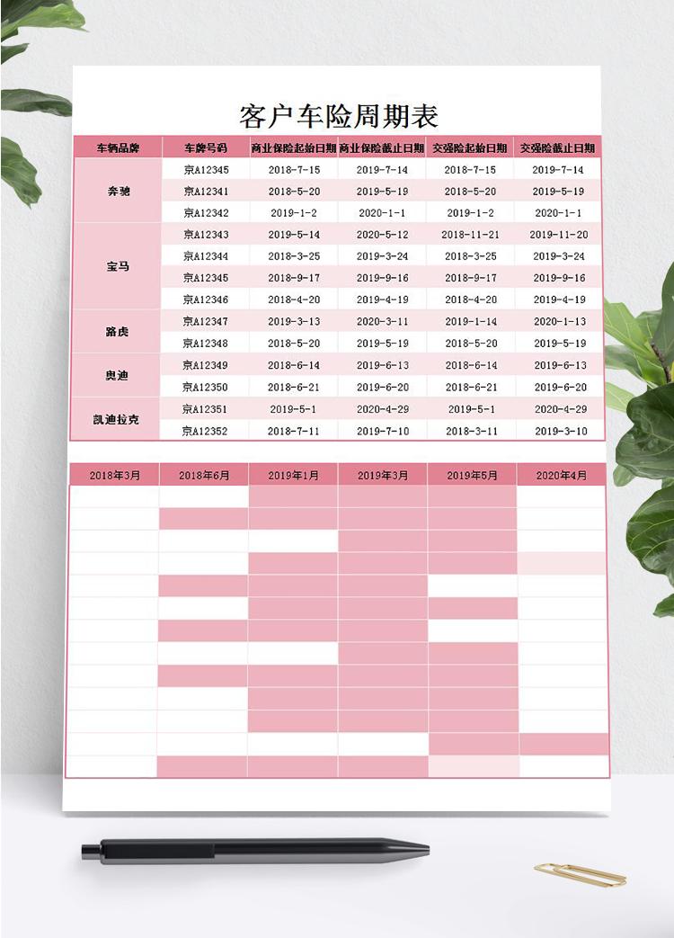 粉紅色風(fēng)客戶車險(xiǎn)周期表甘特圖模板