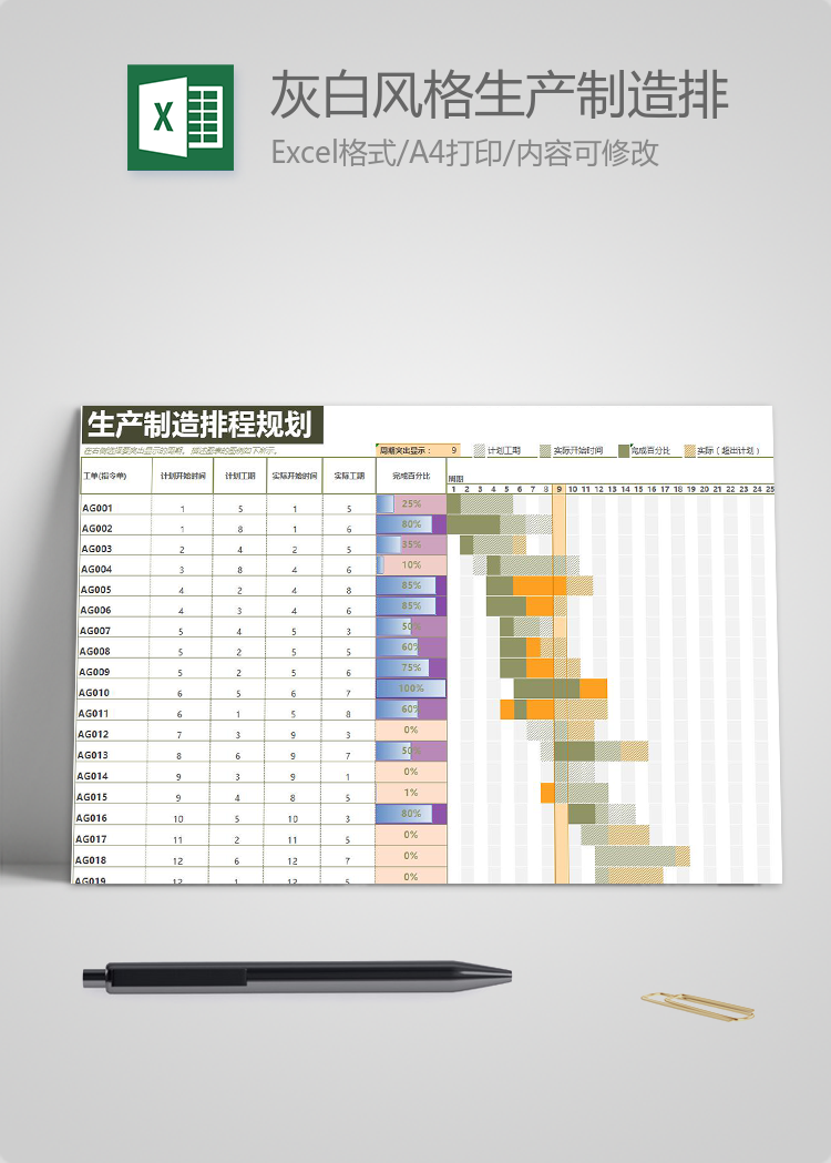 灰白風(fēng)格生產(chǎn)制造排程規(guī)劃表甘特圖模板