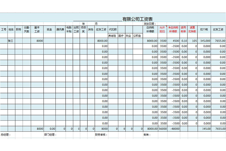 標(biāo)準(zhǔn)員工工資表excel模板-1