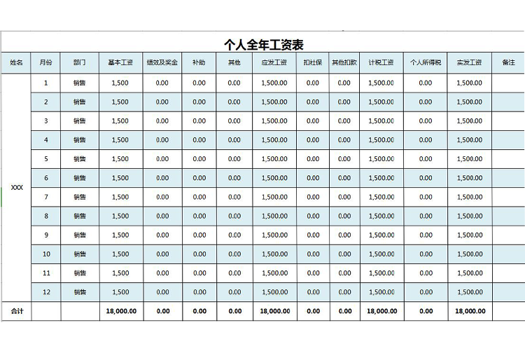 通用個(gè)人全年工資表模板-1
