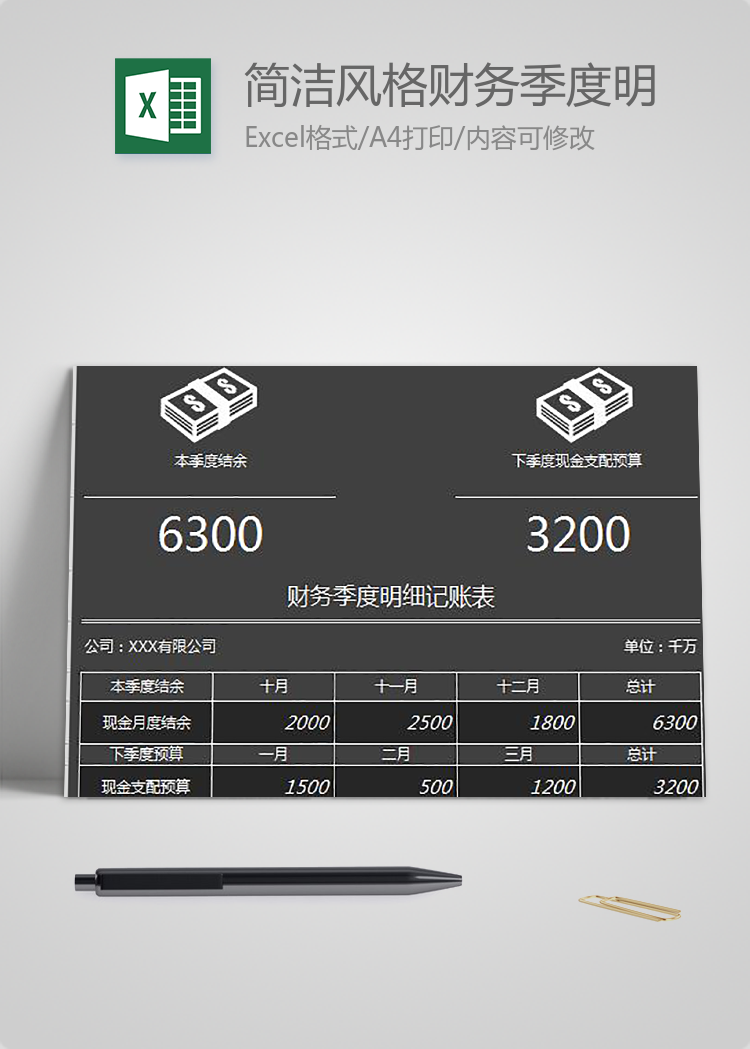 簡(jiǎn)潔風(fēng)格財(cái)務(wù)季度明細(xì)記賬表模板