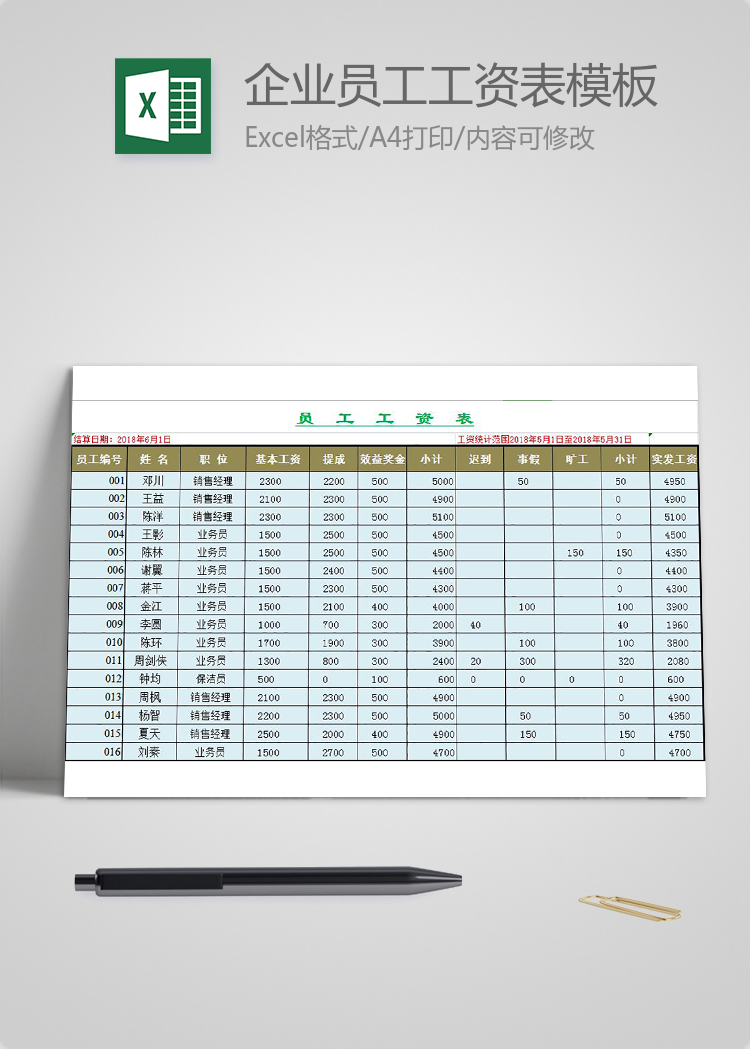 通用版企業(yè)員工工資表模板e(cuò)xcel