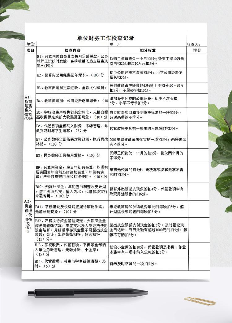 單位財(cái)務(wù)工作檢查記錄表模板