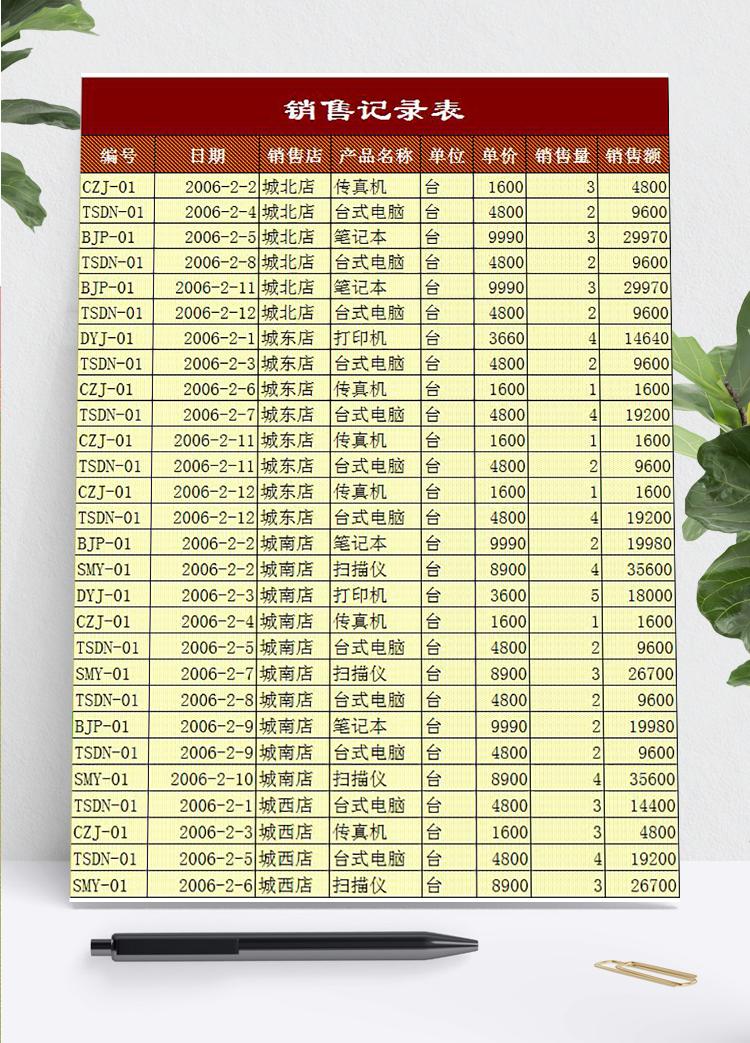 黃色風格月銷售記錄表Excel模板