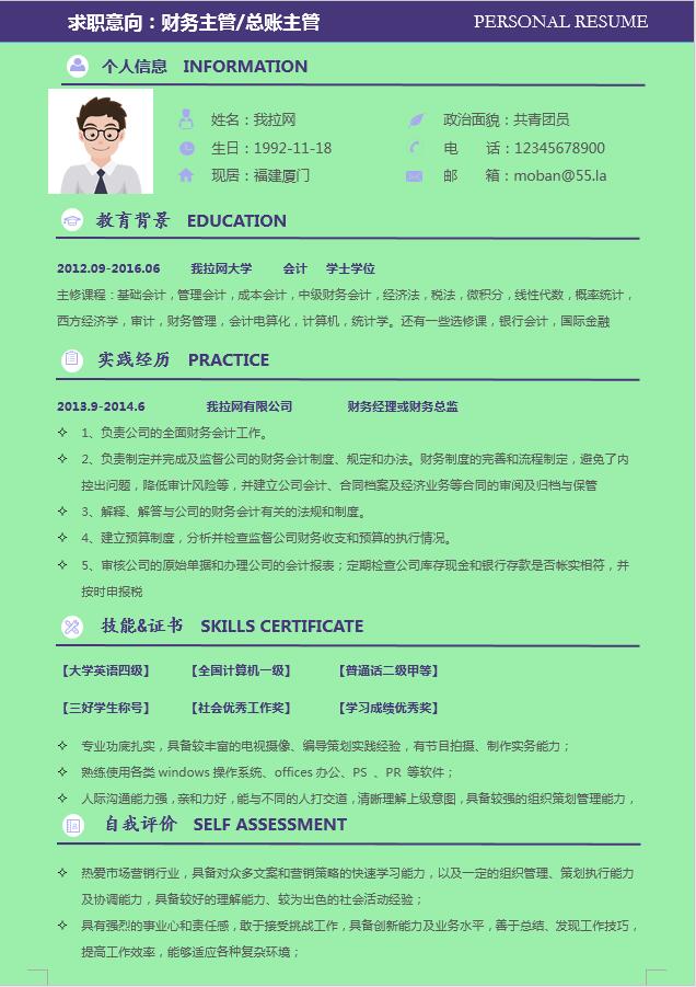 綠色財(cái)務(wù)主管個(gè)人簡(jiǎn)歷模板