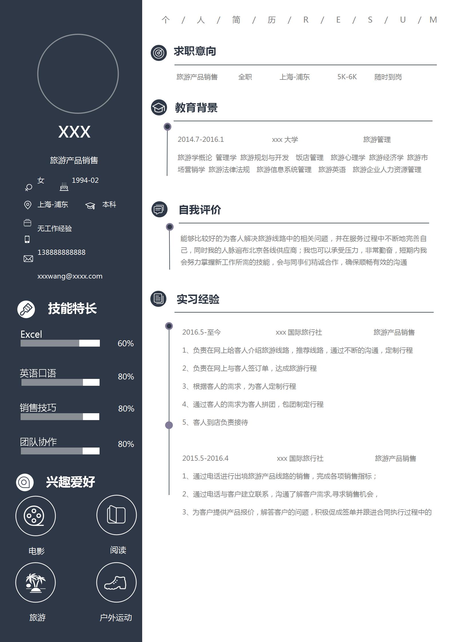 墨藍簡約風(fēng)旅游銷售個人簡歷模板-1