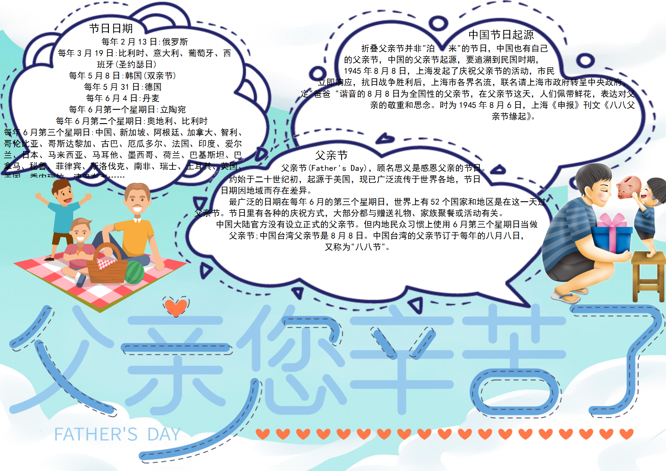 藍(lán)色清新手繪父親節(jié)手抄報