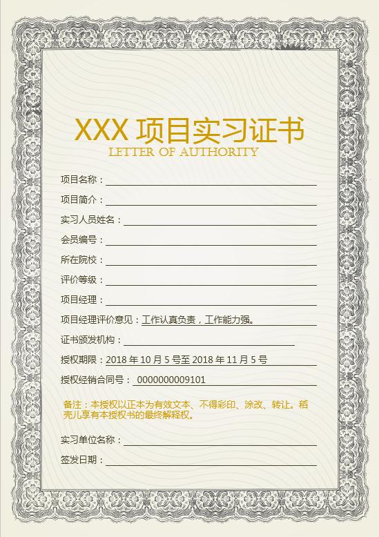 XX項目實習證書Word模板