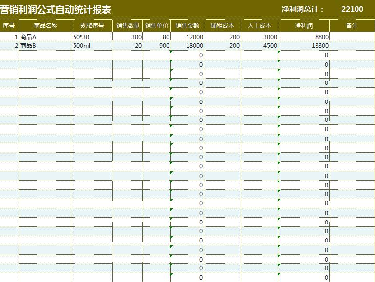 營銷利潤公式自動統計報表Excel模板