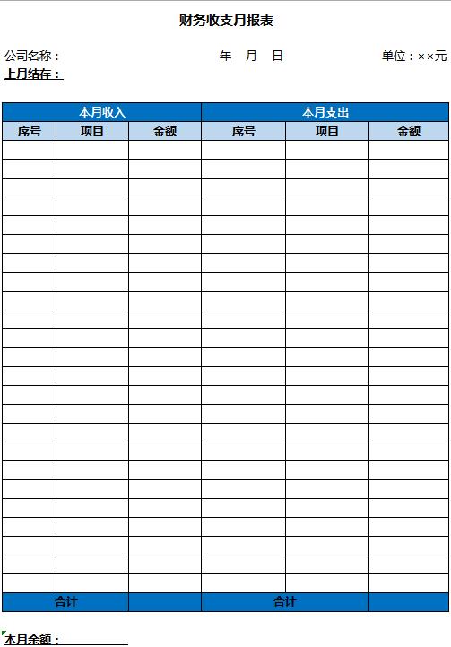 財務收支月報表excel模板