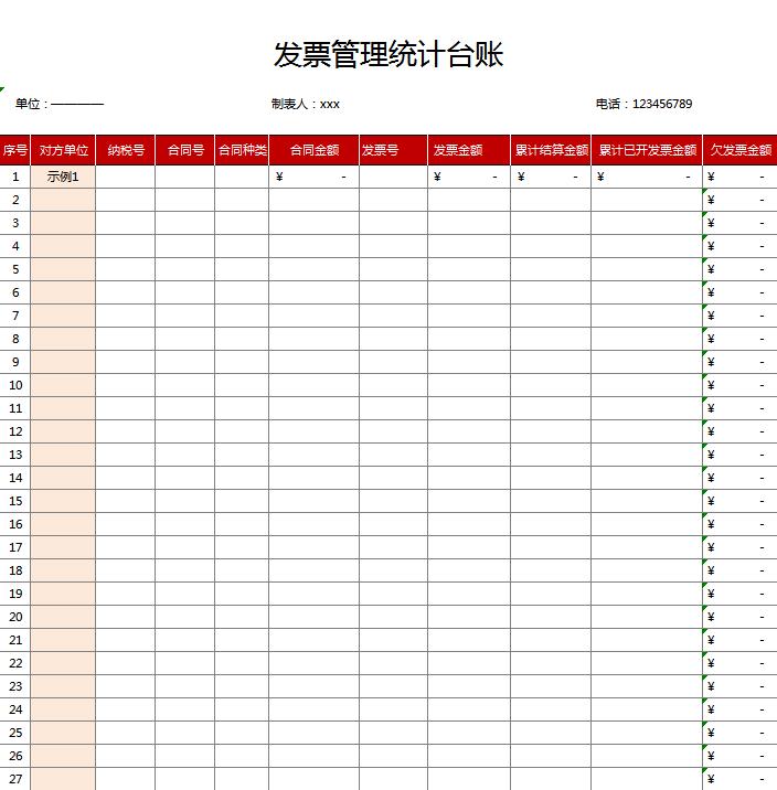 發票管理統計臺賬excel表格模板