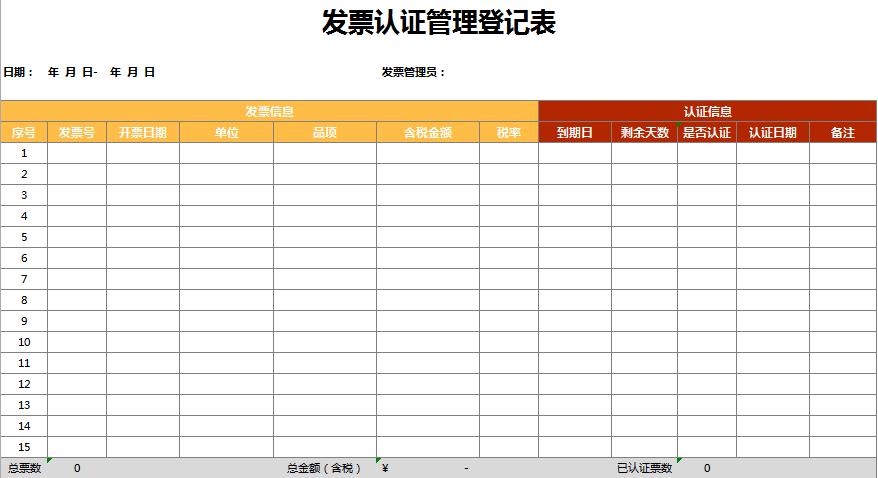 發(fā)票認證管理登記表excel表格模板