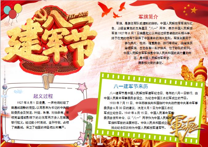金紅大氣風八一建軍節(jié)簡介小報Word模板