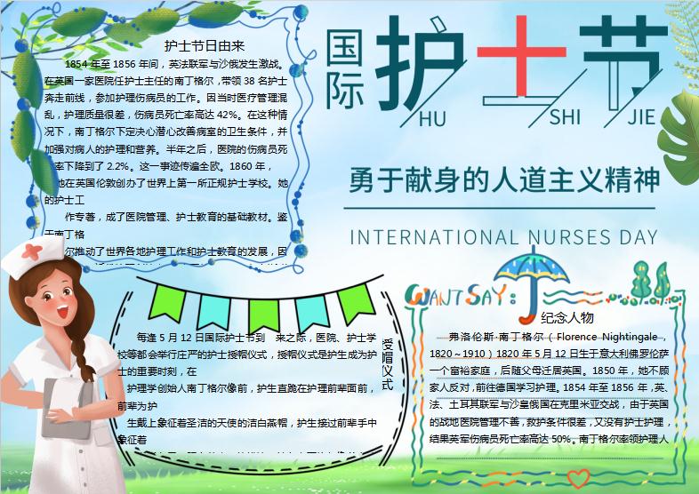 清新國際護士節手抄報Word模板