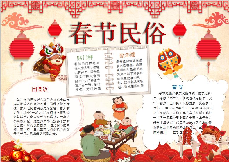 卡通春節民俗習俗小報手抄報Word模板
