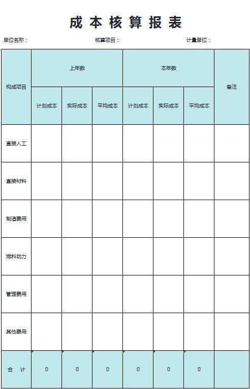 成本核算報(bào)表excel模板