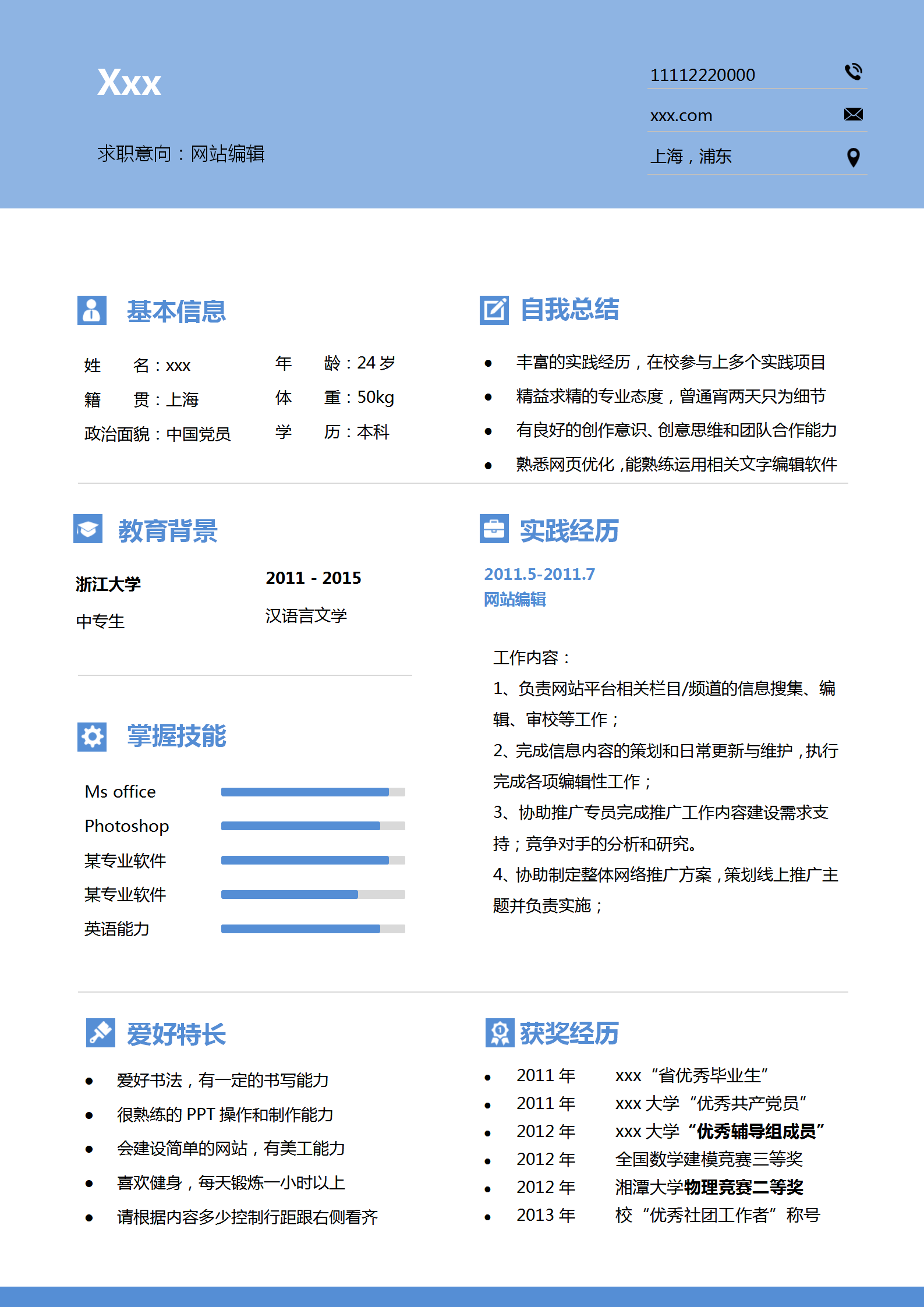 創(chuàng)意淺藍(lán)簡(jiǎn)約網(wǎng)站編輯簡(jiǎn)歷模板