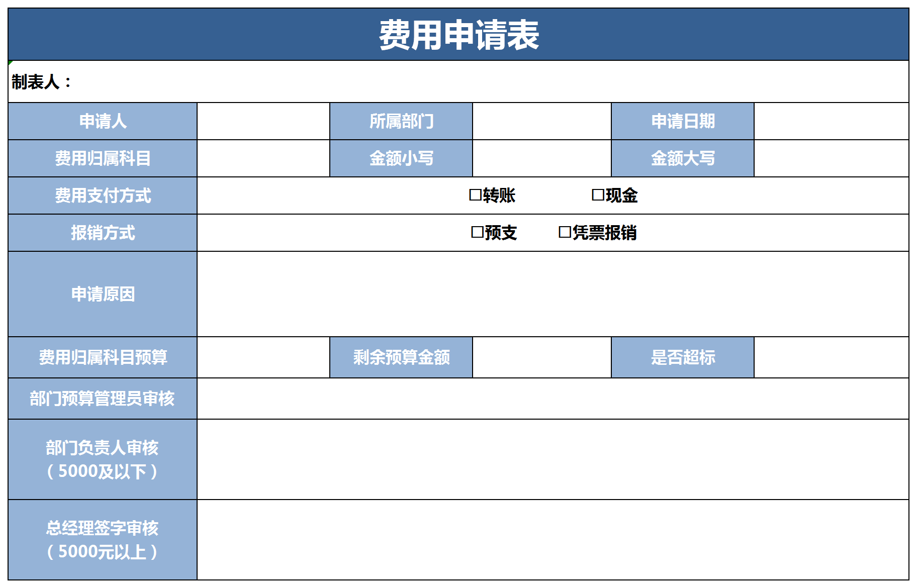 簡約費(fèi)用申請表excel模板