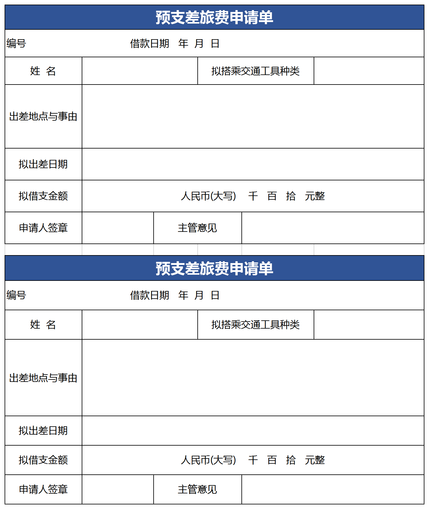 預支差旅費申請單excel模板
