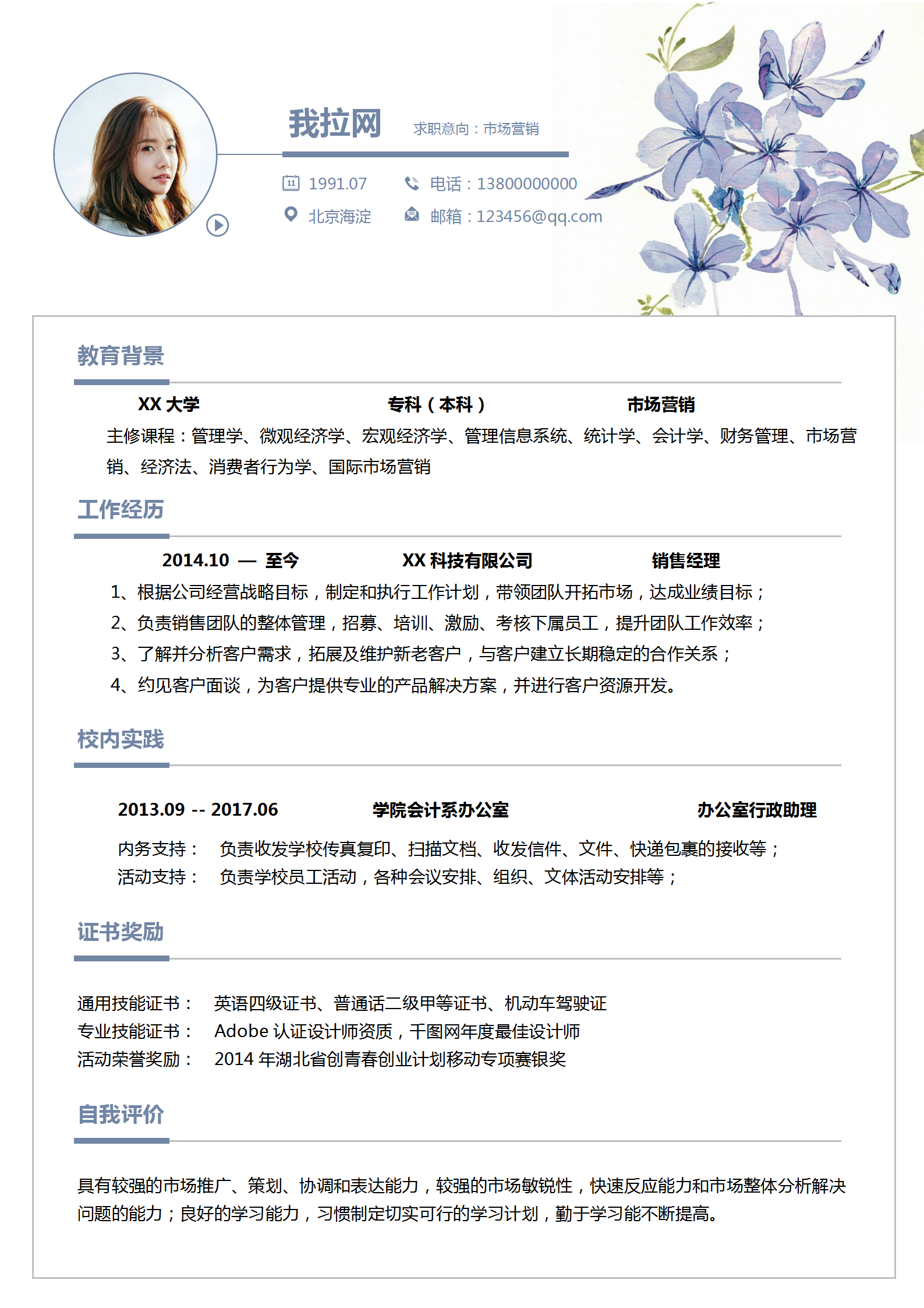 清新印花市場營銷個(gè)人簡歷模板