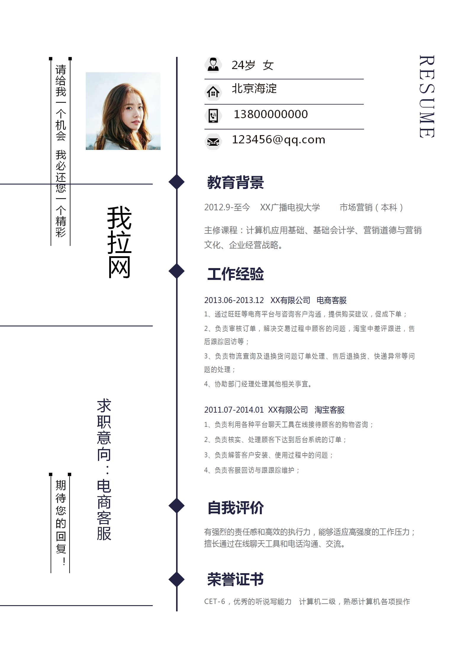 創(chuàng)意排版電商客服求職簡歷模板