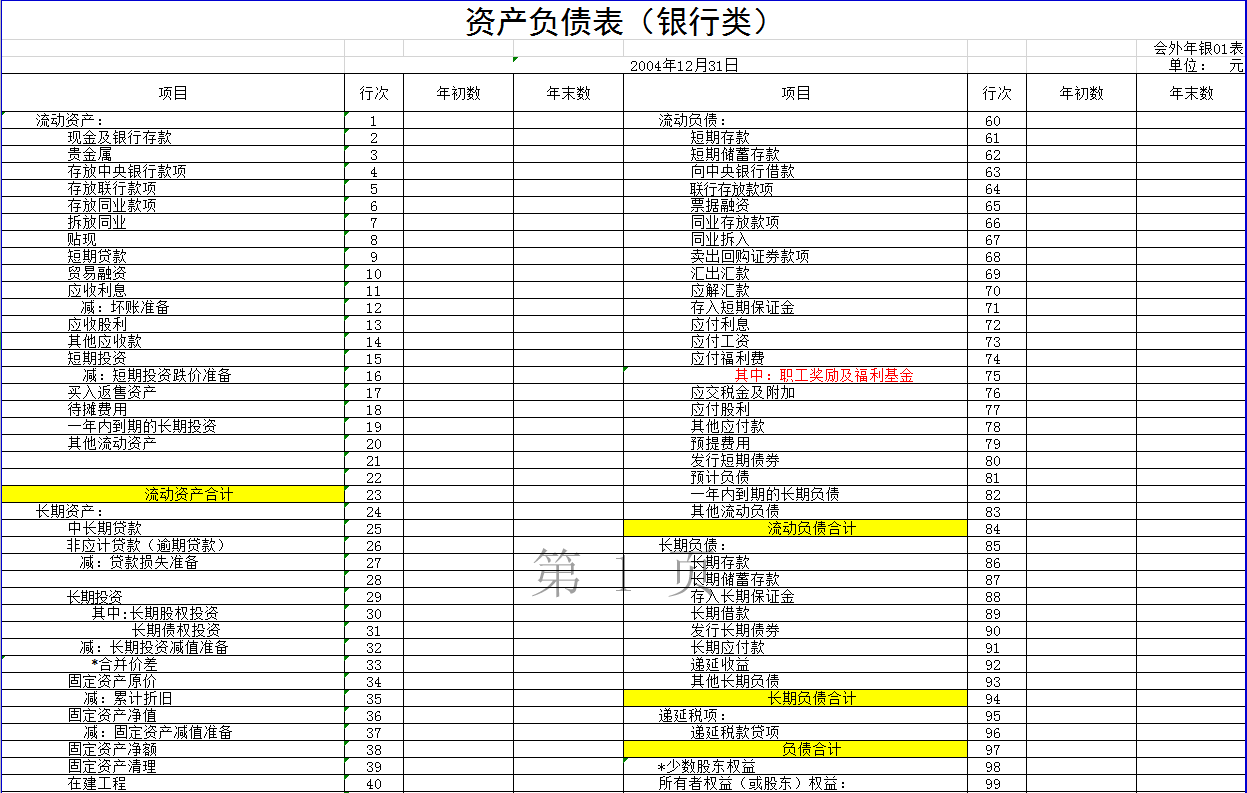 銀行類外商投資企業(yè)會計報表Excel模板-1