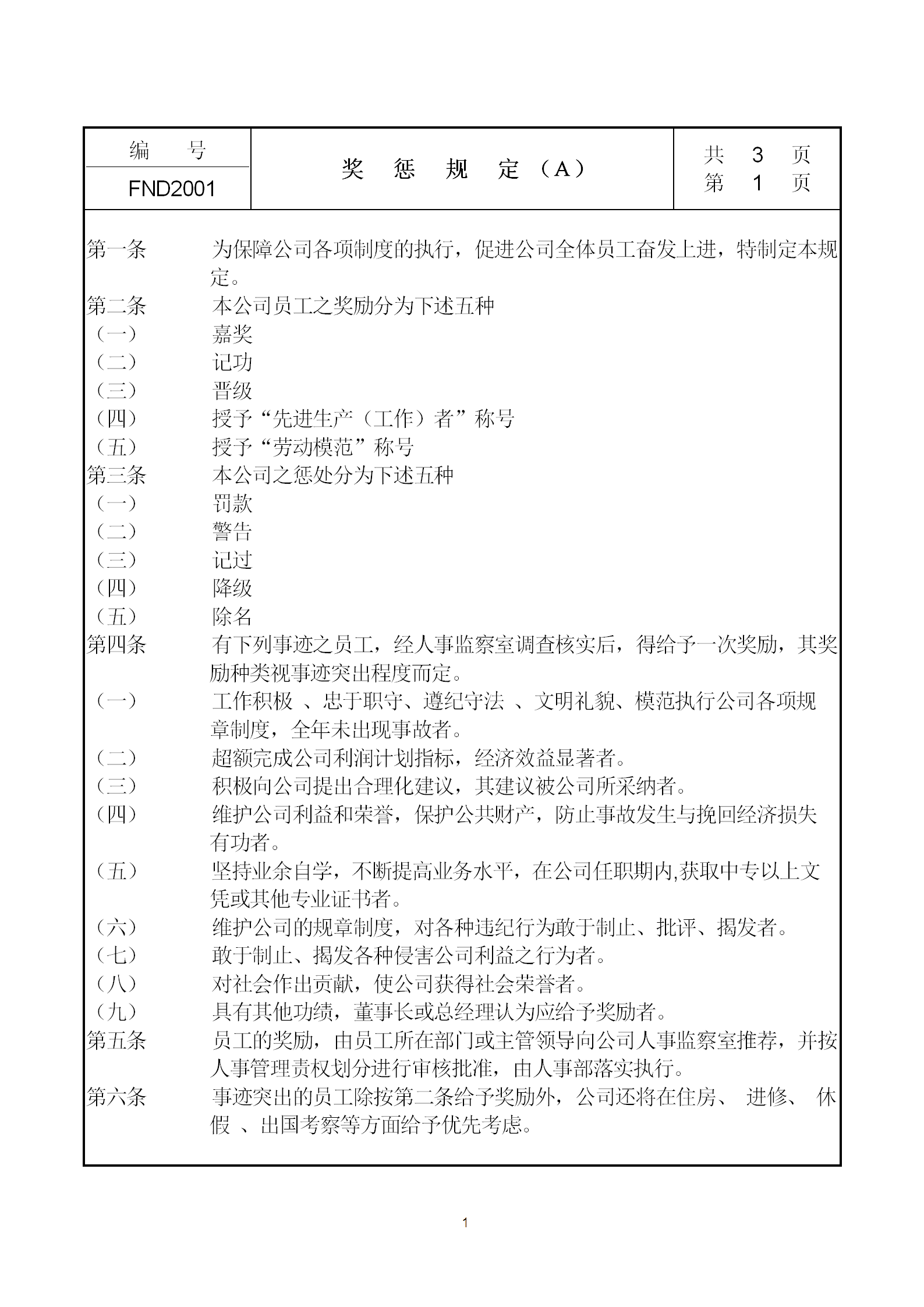 公司員工獎懲規定word模板