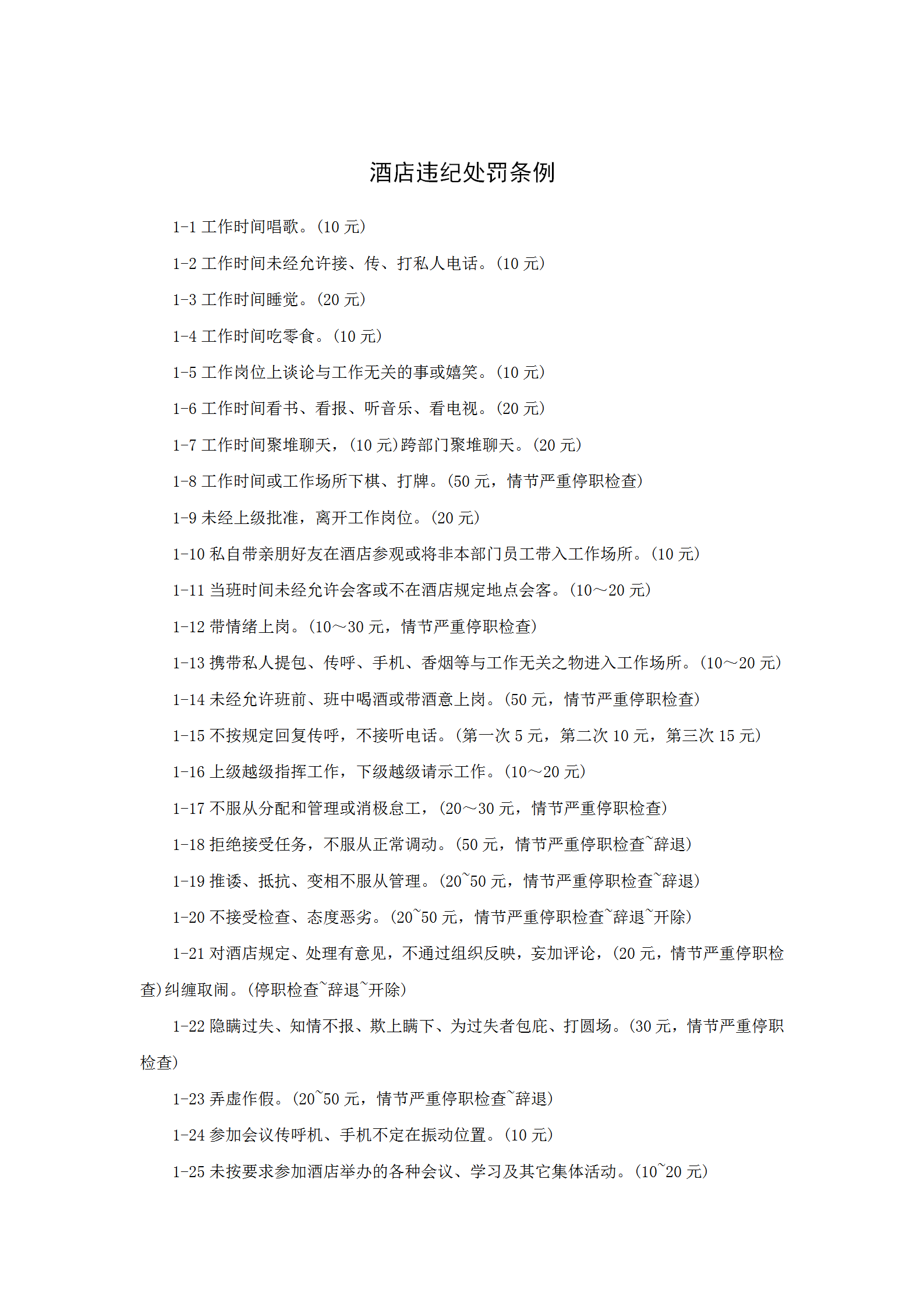 酒店違紀(jì)處罰條例word模板