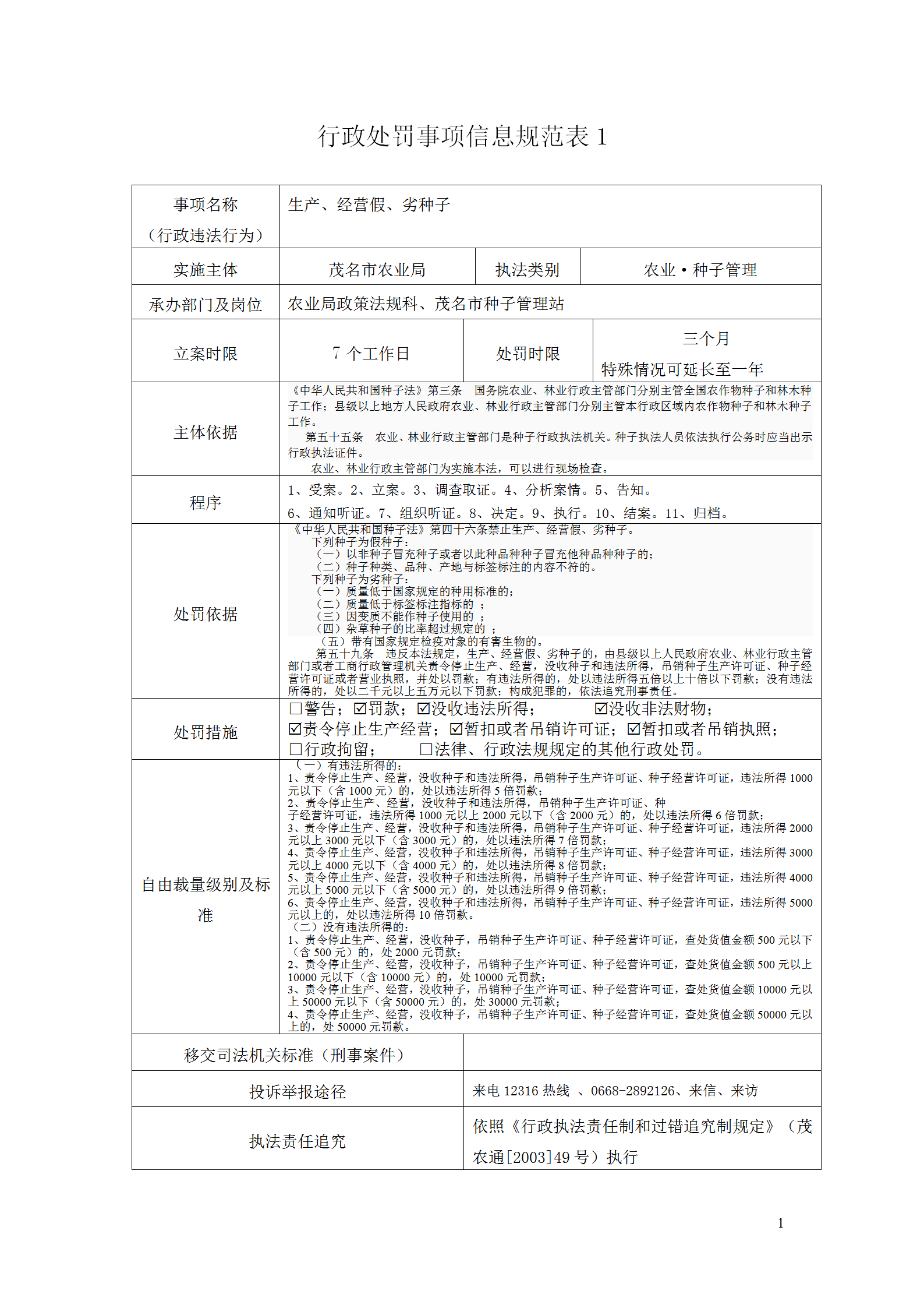 行政處罰事項信息規范表word模板