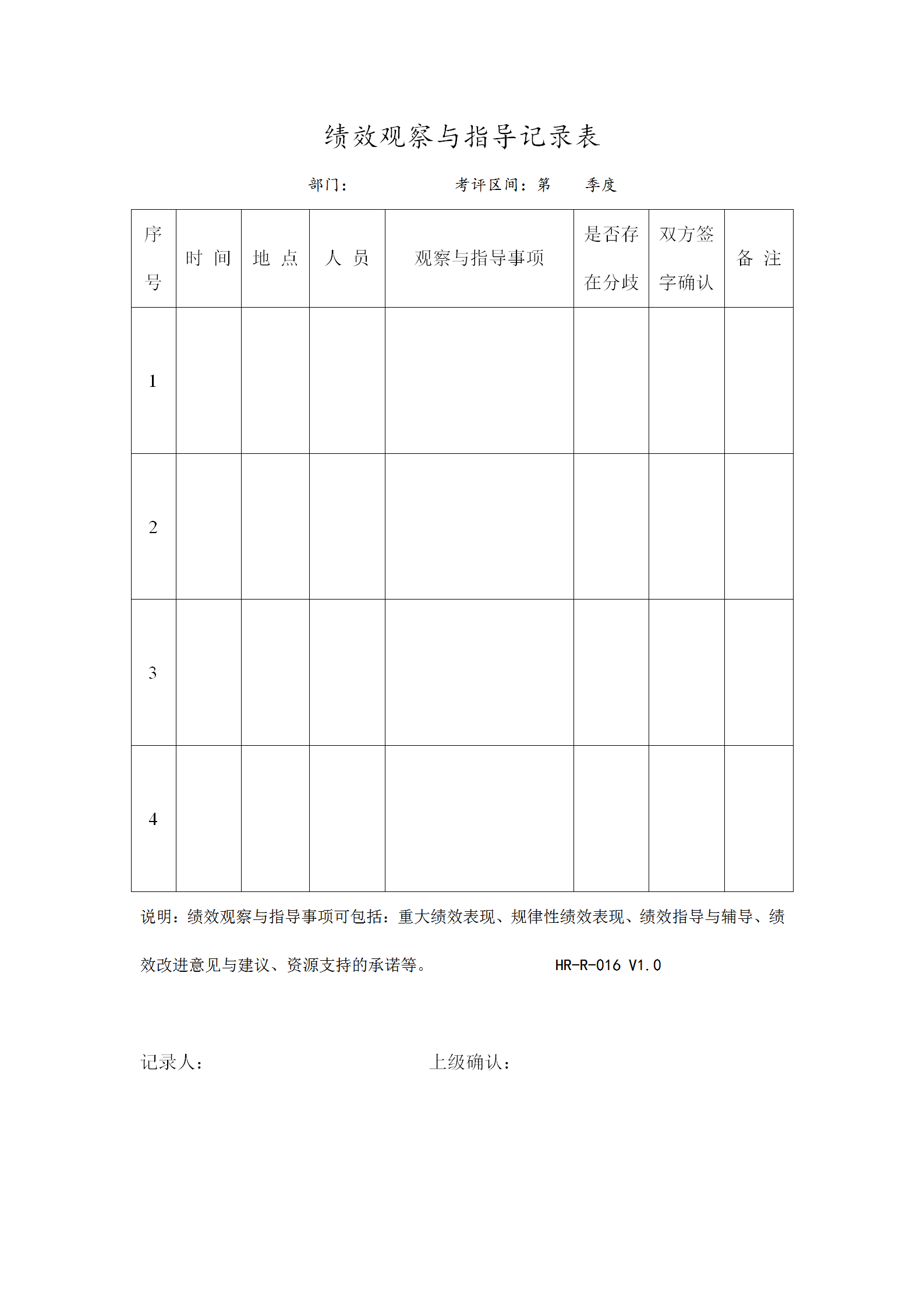 績(jī)效觀察與指導(dǎo)記錄表word模板