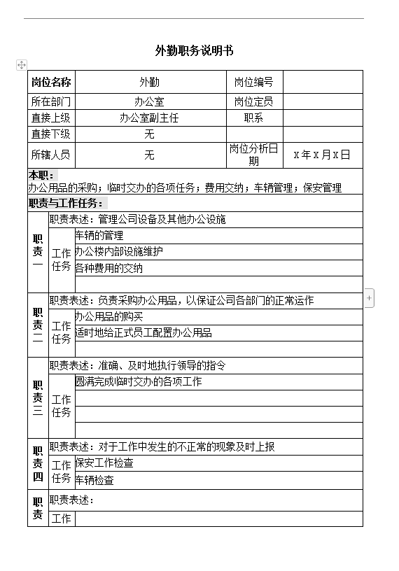 辦公室外勤職務(wù)說(shuō)明書(shū)word模板