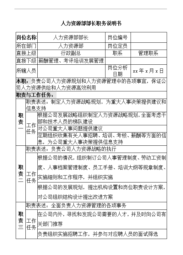人力資源部部長職務(wù)說明書word模板