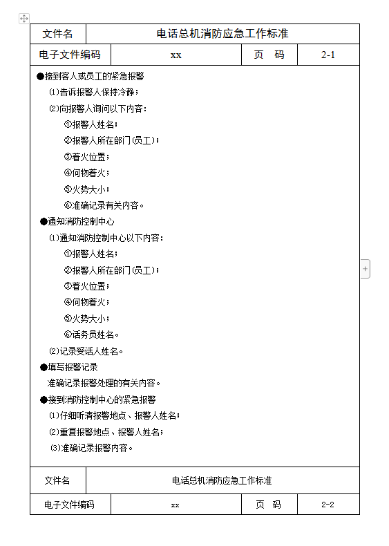 電話總機消防應急工作標準word模板