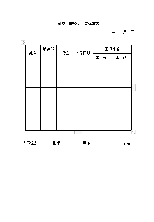新員工職務工資標準表word模板