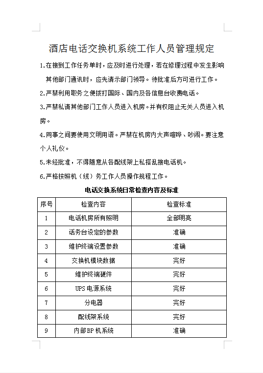 酒店電話交換機管理規定Word模板
