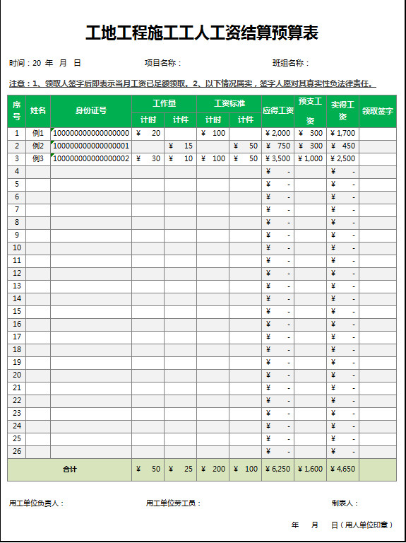 工程施工工人工資結算預算表